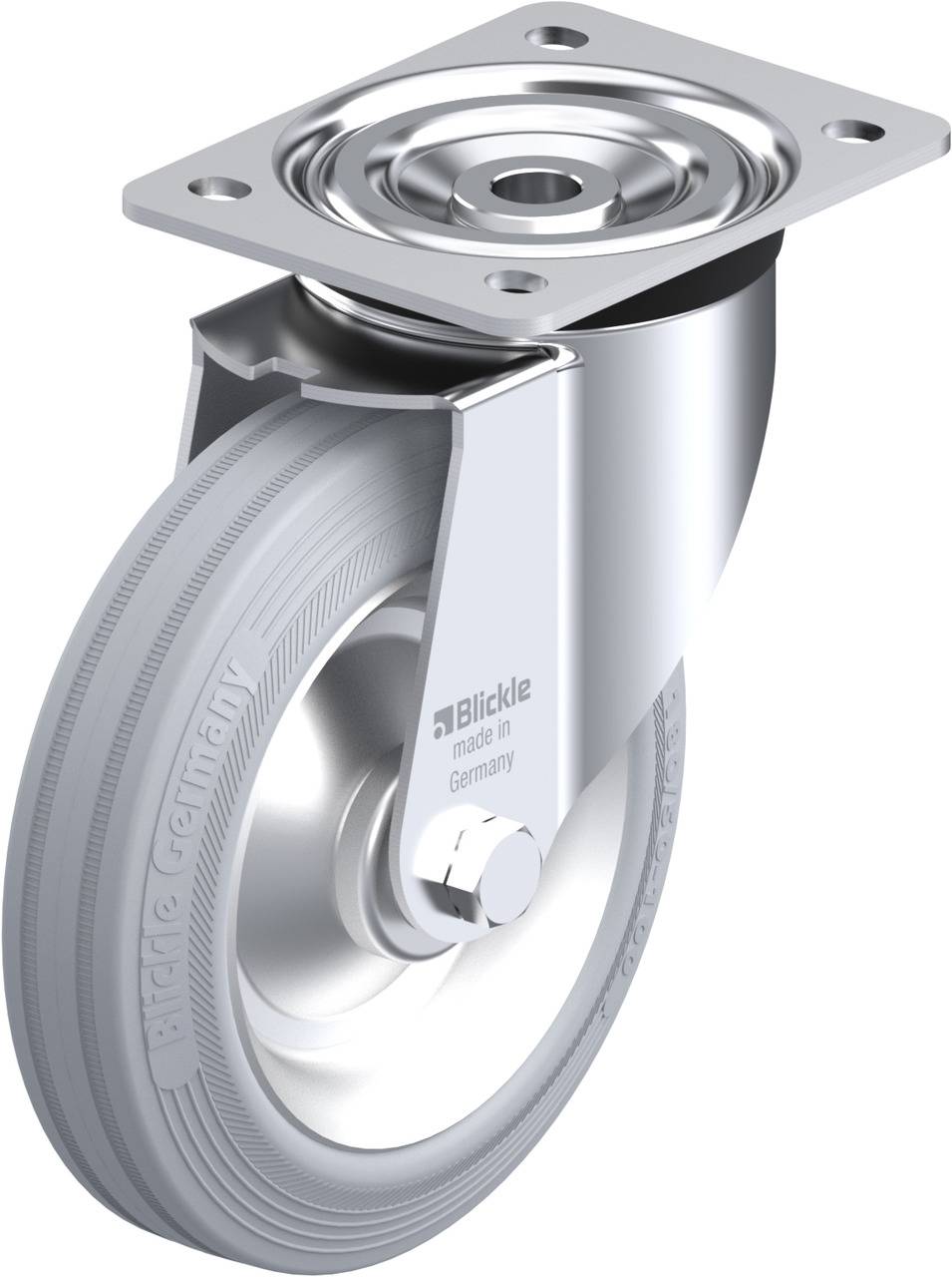 Graue Lenkrolle mit Befestigungsplatte, geeignet für den industriellen Einsatz. Markenaufdruck 'Blickle, made in Germany'.
