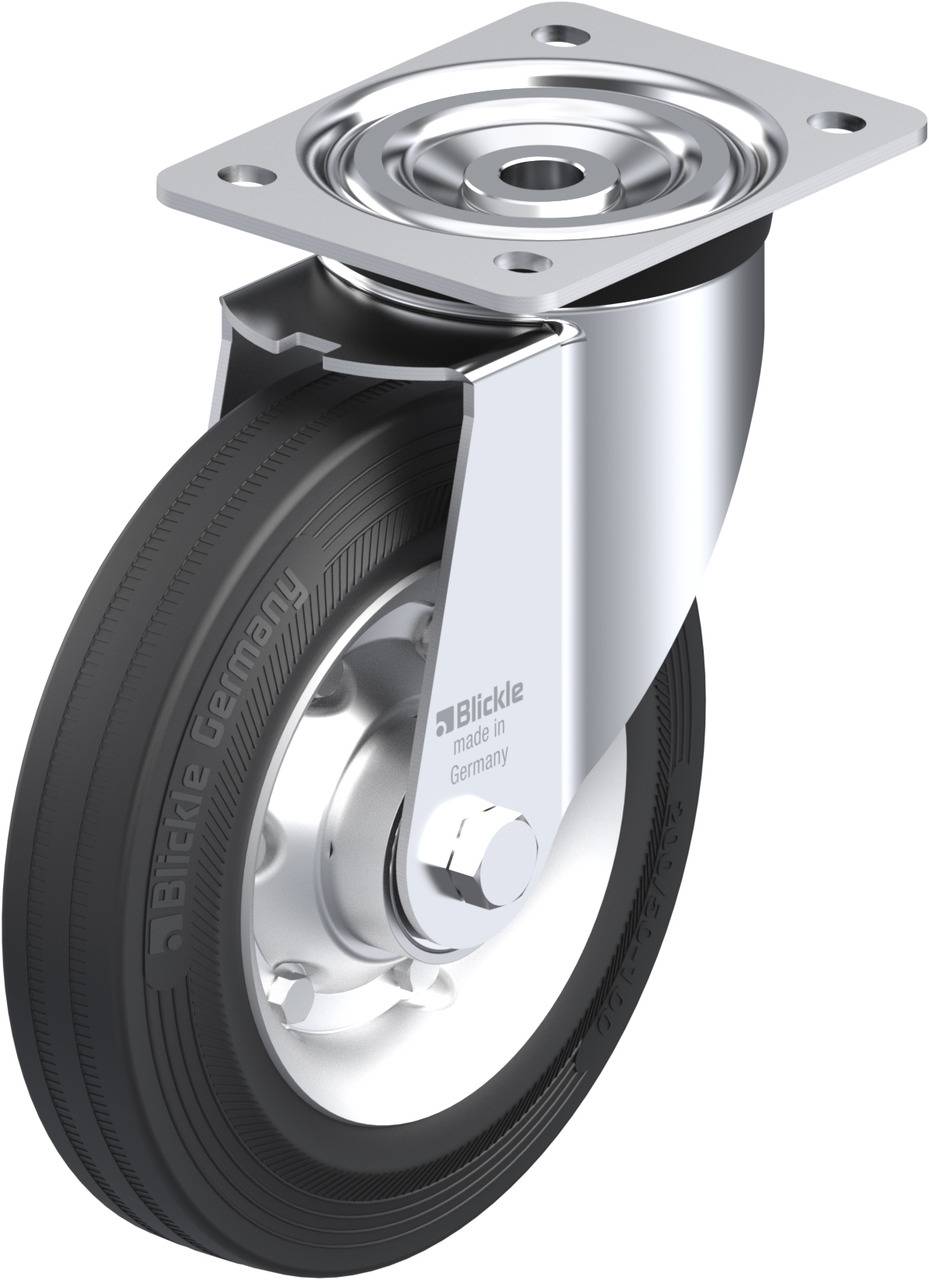 Rad aus Metall und Gummi mit Drehgelenk, montiert auf einer Metallplatte, geeignet für Transportwagen oder Möbel.