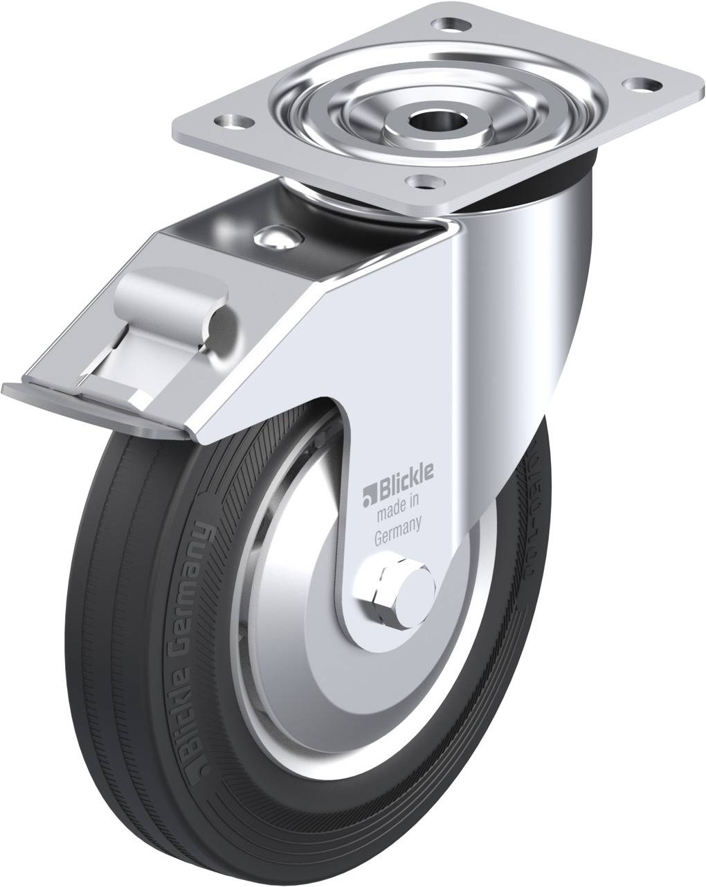 Rolle aus Metall und Gummi mit schwarz beschriftetem Reifen, befestigt an einem drehbaren Metallgehäuse.