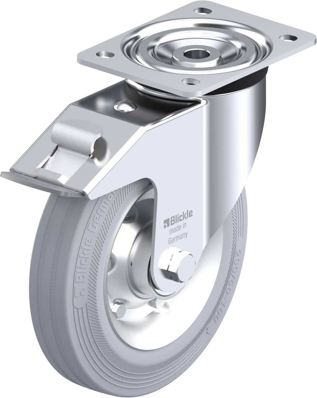 Metallisches Schwenkrad mit grauem Gummireifen, geeignet für Industrieanwendungen. Geprägt mit 'made in Germany'.