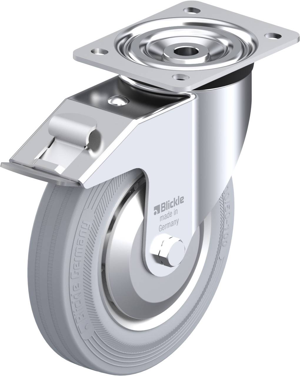 Metallenes Schwenkrollen-Rad mit grauem Gummi-Reifen, geeignet für industrielle Anwendungen, hergestellt in Deutschland.