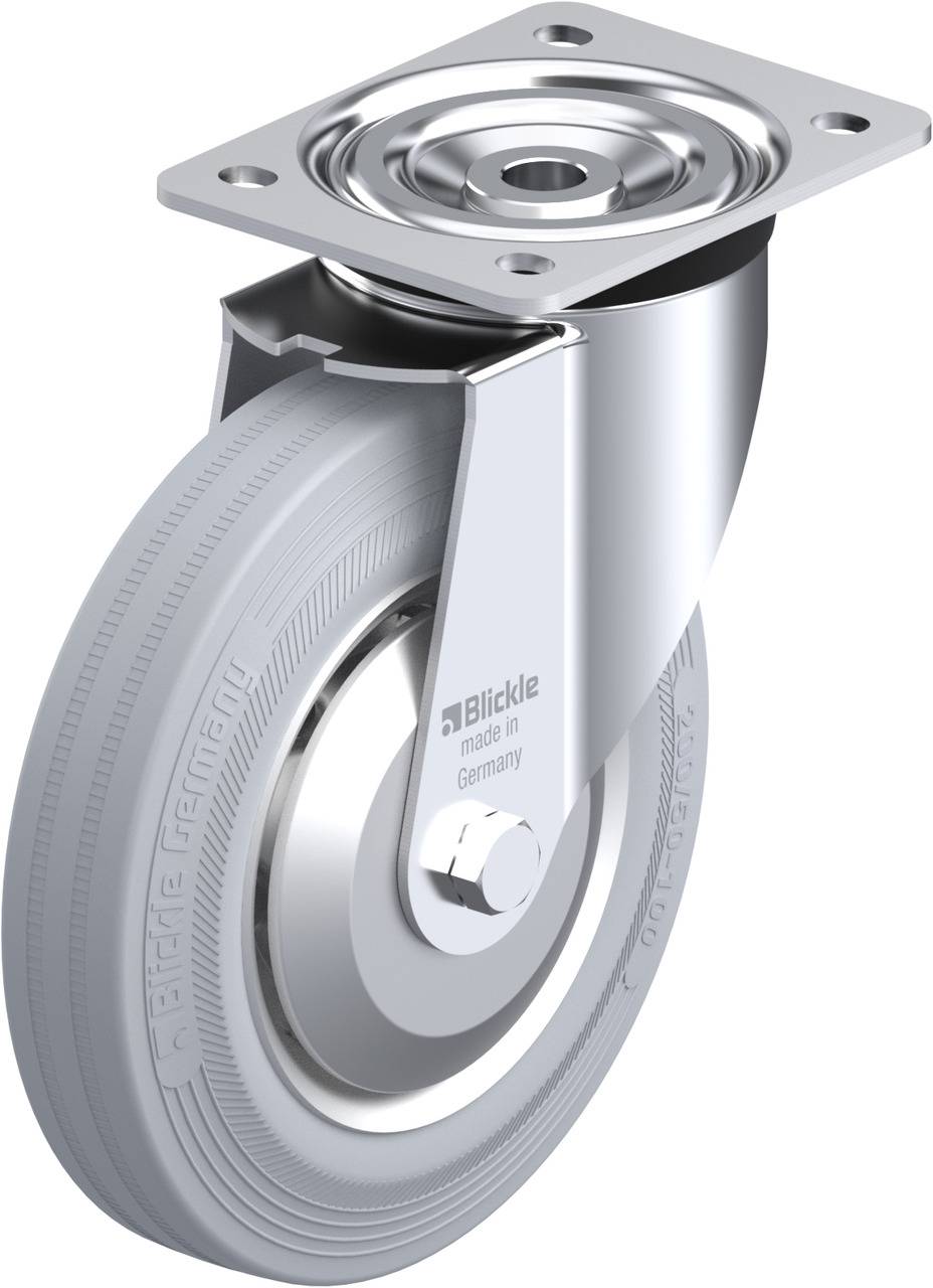 Schwenkrolle aus Metall mit grauem Gummirad, Aufschrift 'Blickle made in Germany' auf der Halterung, für Transportwagen geeignet.