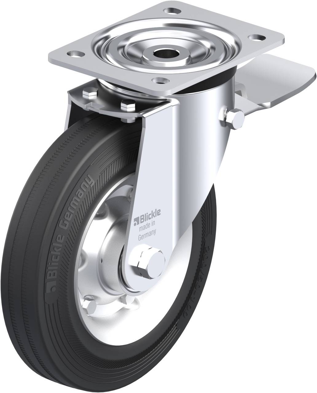 Schwenkrolle mit Metallplatte und schwarzem Rad, geeignet für Transportwagen. Markiert mit 'Blickle Germany'.