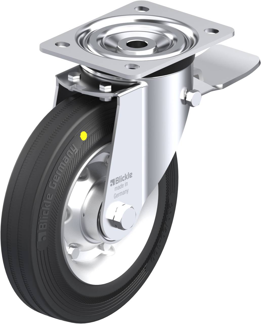 Schwenkrolle aus Metall mit schwarzem Gummirad, geeignet für Industrieanwendungen. Markennamen auf der rollenden Oberfläche sichtbar.