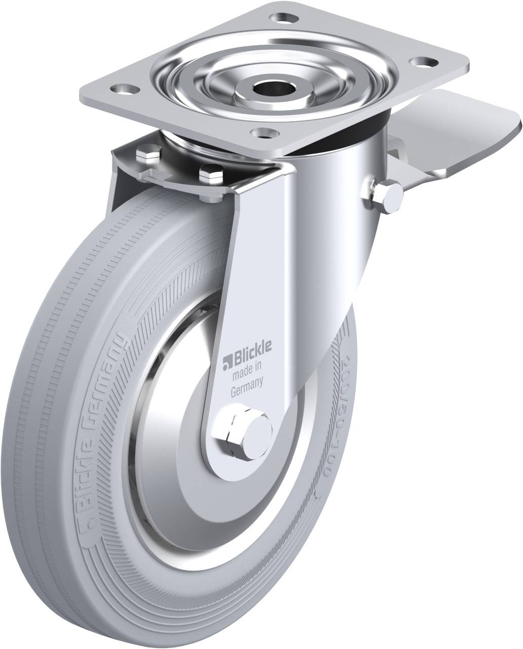 Grau-gelbes Lenkrolle mit Metallgehäuse und Bremse. Aufschrift 'Blickle made in Germany'.