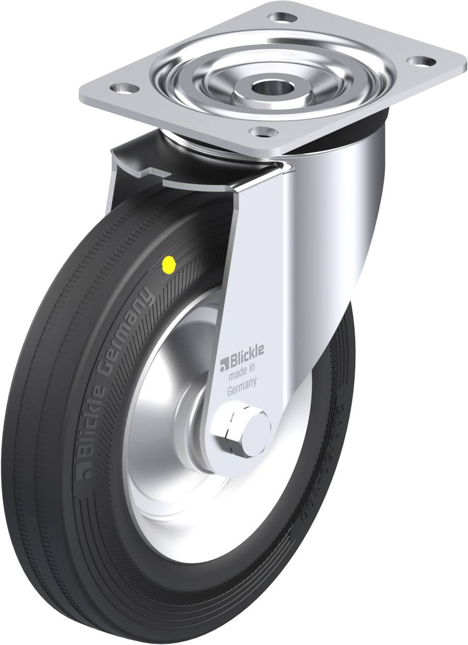 Industrie-Lenkrolle aus Metall mit schwarzem Gummirad und Befestigungsplatte. Aufschrift auf Rad: 'Blickle Germany'.