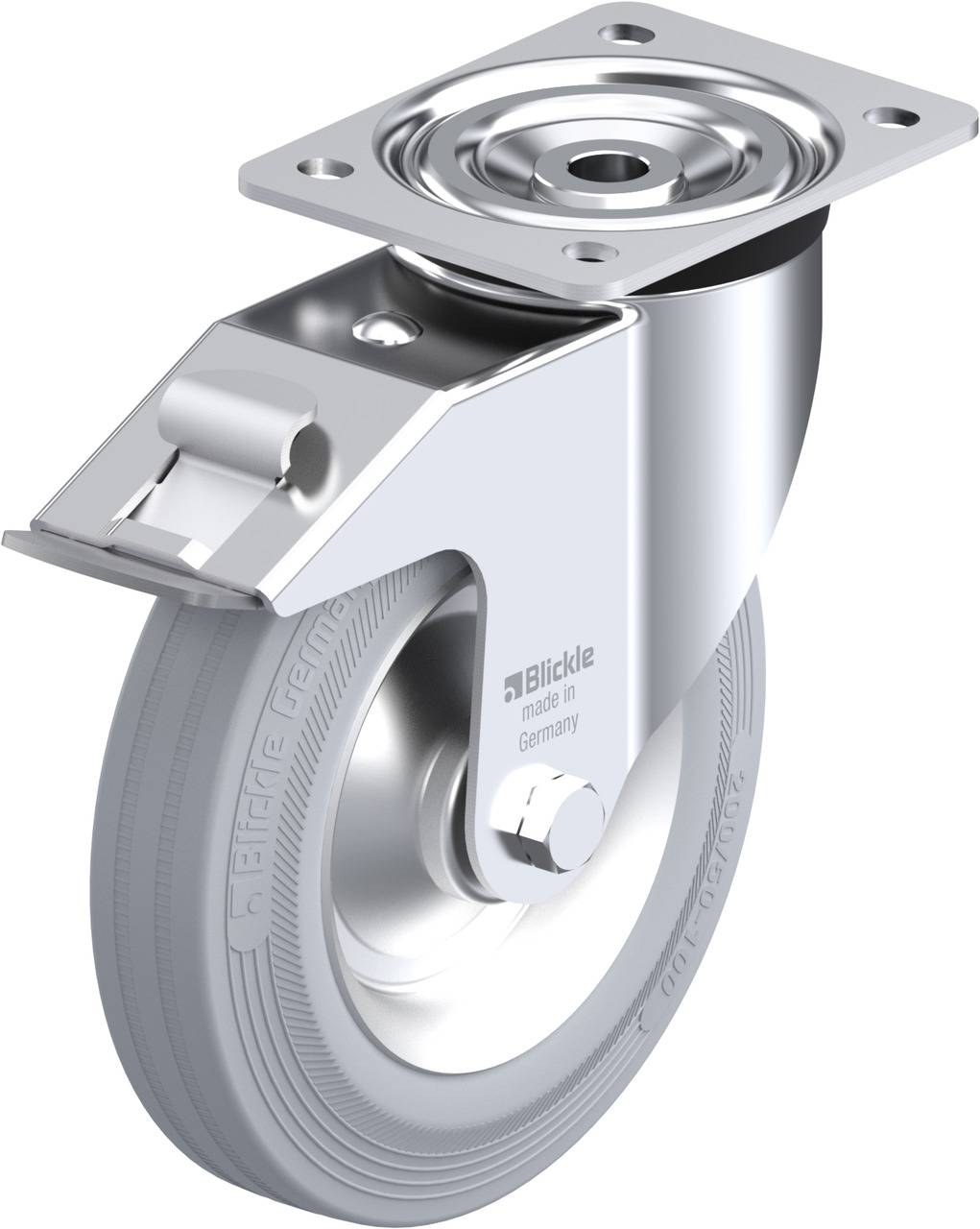 Ein silbernes, drehbares Transport-Lenkrad mit grauer Gummirolle und Montagesockel, nützlich für die industrielle Anwendung.