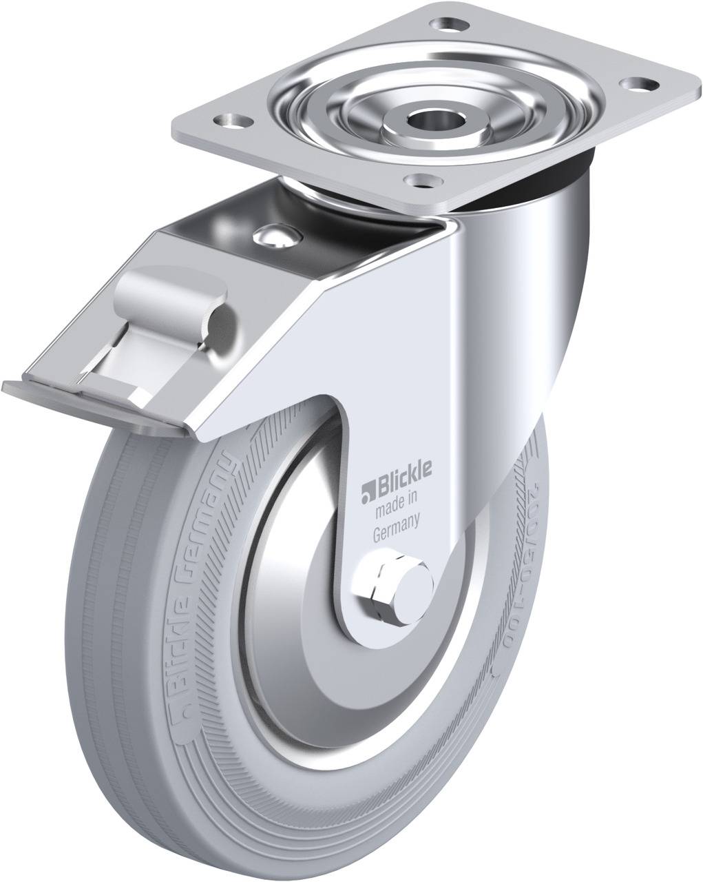 Metallisches Schwerlastrad mit grauem Gummi und drehbarer Montageplatte, geeignet für den industriellen Einsatz.