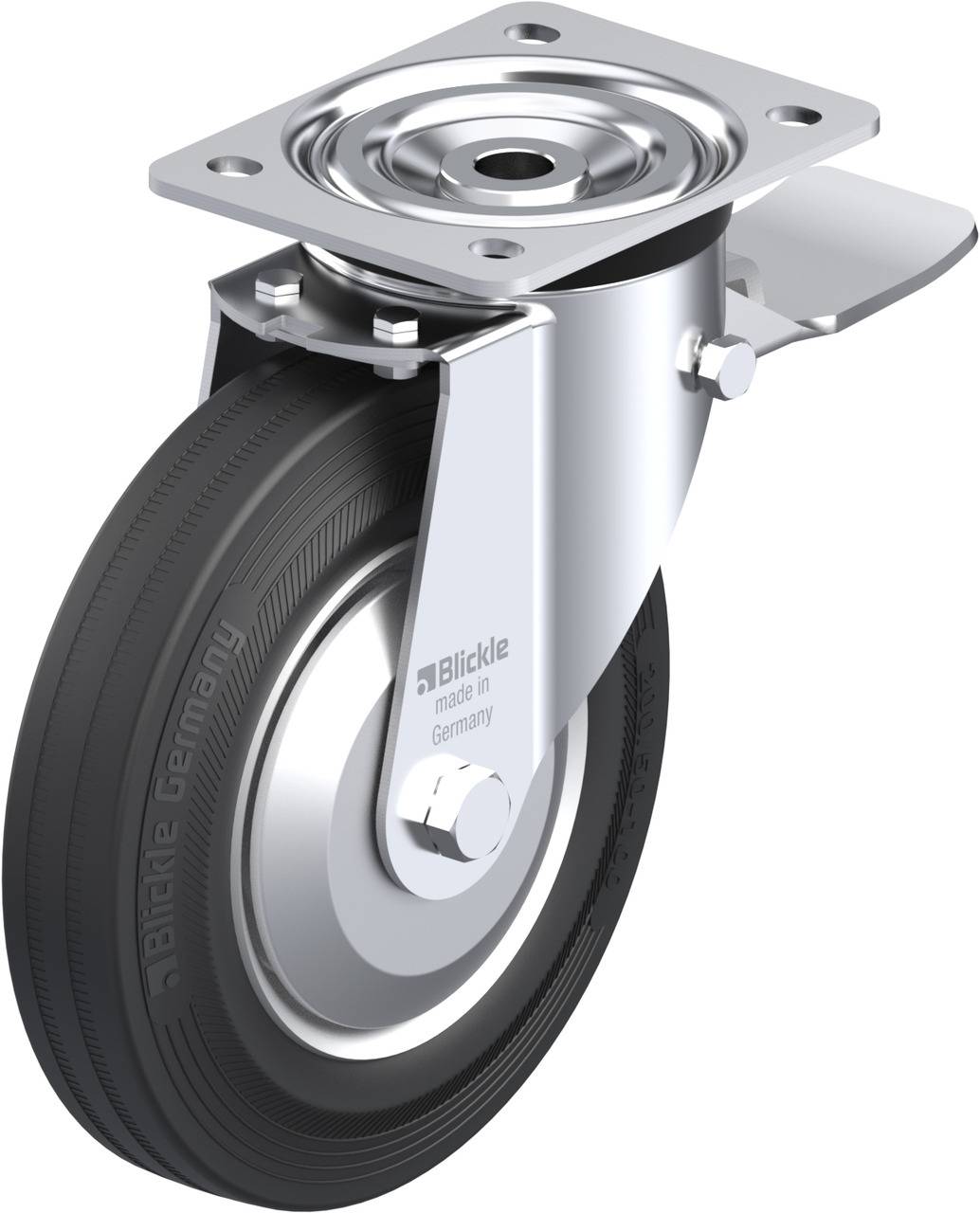 Rollenrad aus Metall mit schwarzem Gummireifen, Schwenkmechanismus und Befestigungsplatte, geeignet für Möbel oder Transportwagen.