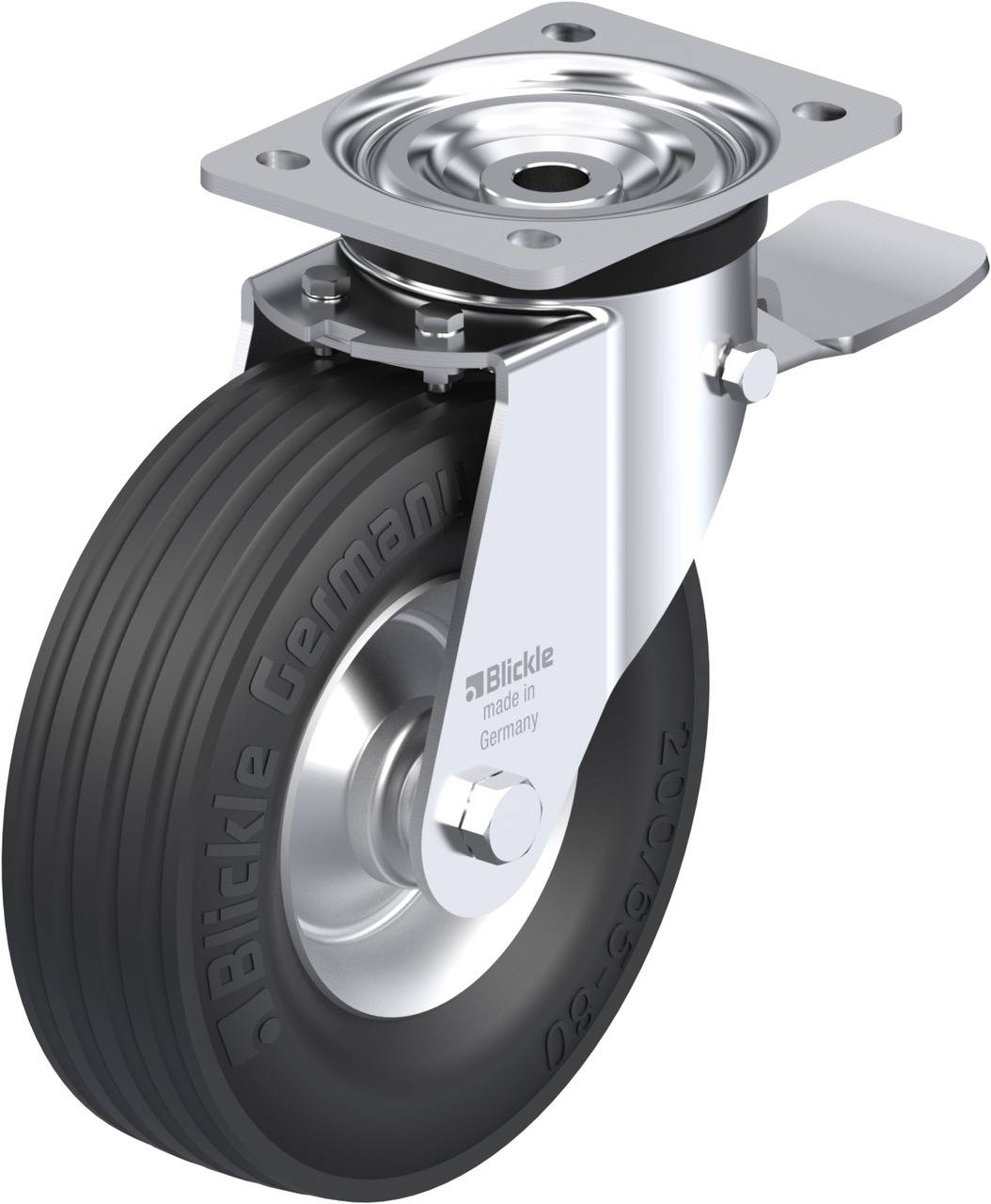 Metallisches, schwenkbares Transportrollenrad mit schwarzem Gummireifen und einem silbernen Gehäuse, geeignet für schwere Lasten.