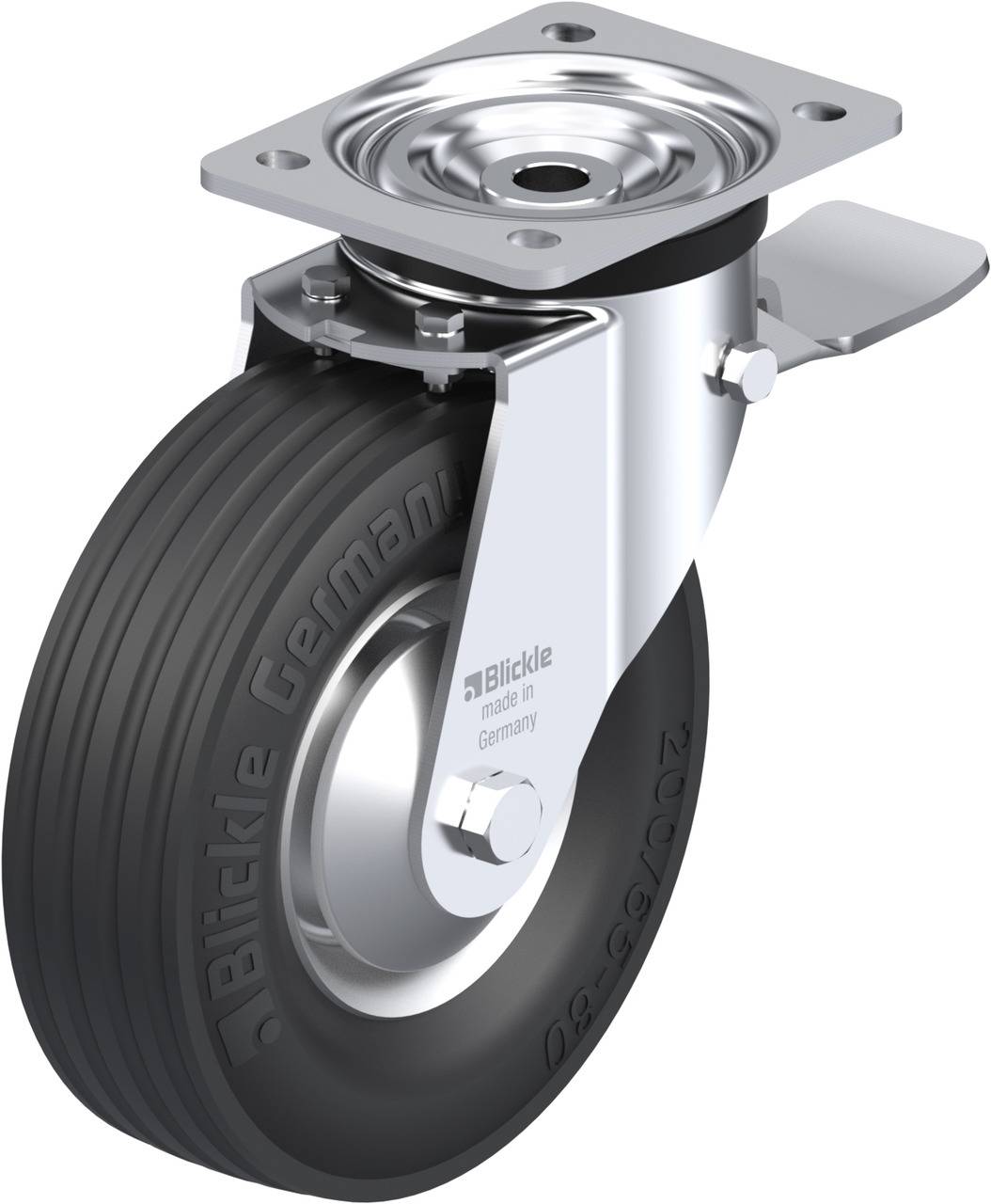 Metallrolle mit schwarzem Reifen, Gummilauffläche und silberner Halterung. Hergestellt von 'Blickle', geeignet für Schwerlasten.