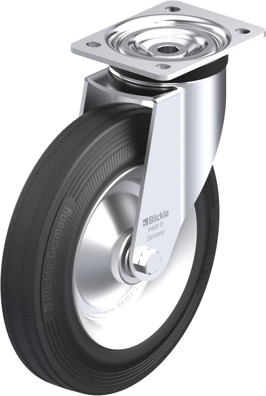 Lenkrolle mit Reifen, metallische Halterung und Befestigungsplatte; geeignet für industrielle Anwendungen.