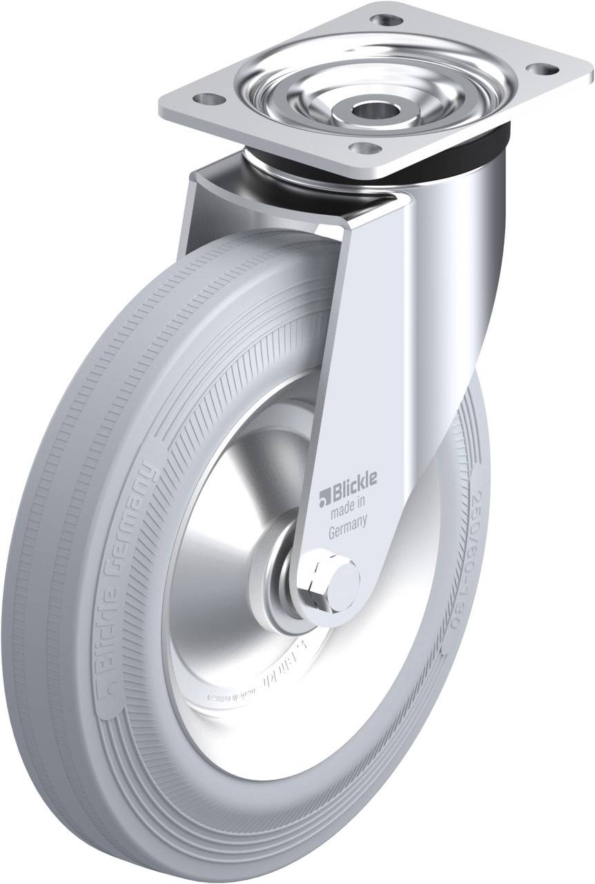 Ein graues, drehbares Transportgerät-Rad aus Metall und Gummi mit einem Befestigungsblech und der Aufschrift 'Blickle' auf der Seite.