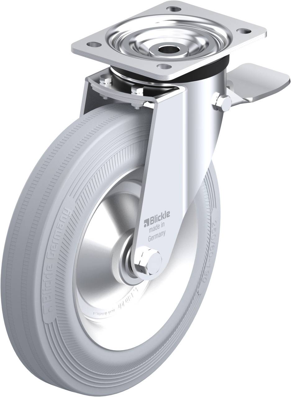 Drehbares Lenkrollenrad aus Metall mit Gummireifen und Stahl-Gehäuse, oft verwendet für Transportwagen oder Möbel.