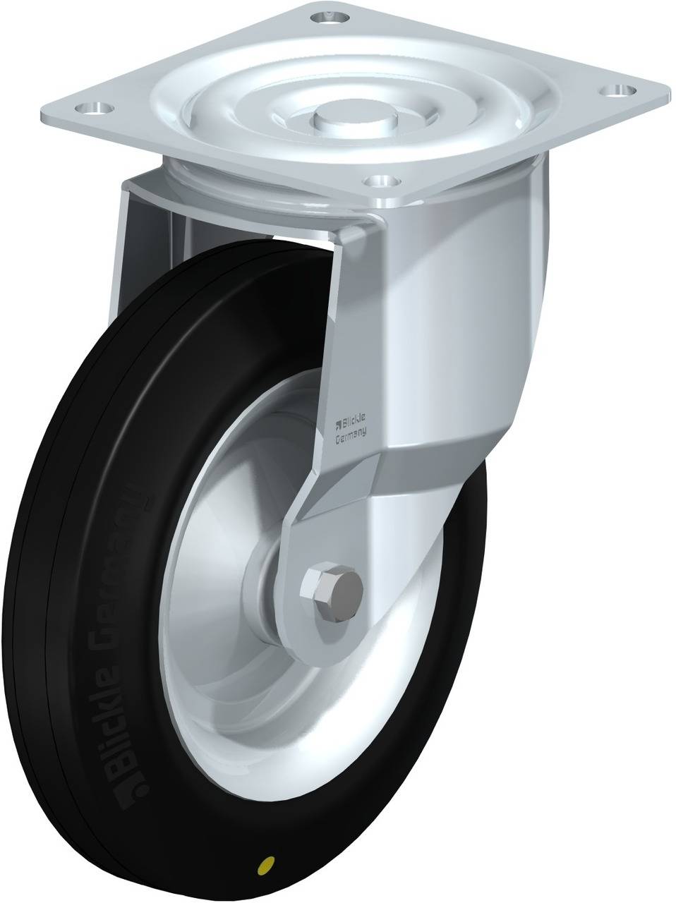 Industrie-Schwenkrolle mit festem Gummi-Reifen, silbernem Gehäuse und rechteckiger Montageplatte, geeignet für schwere Lasten.