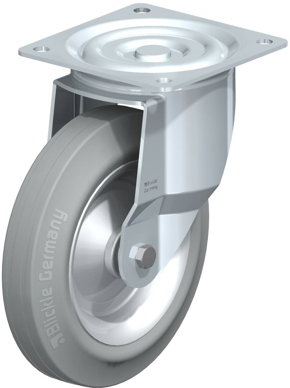 Schwenkrolle aus Metall mit grauem Gummirad; geeignet für Industrieanwendungen. Markenname auf dem Rad geprägt.