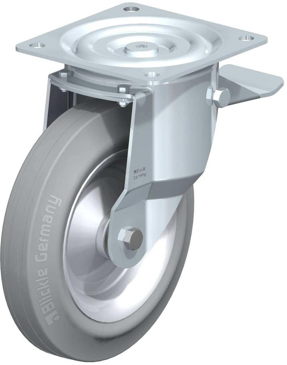 Graues Lenkrad aus Metall mit Halterung und Rücklaufsperre, geeignet für Transportwagen, mit der Aufschrift 'Blickle Germany' auf dem Rad.