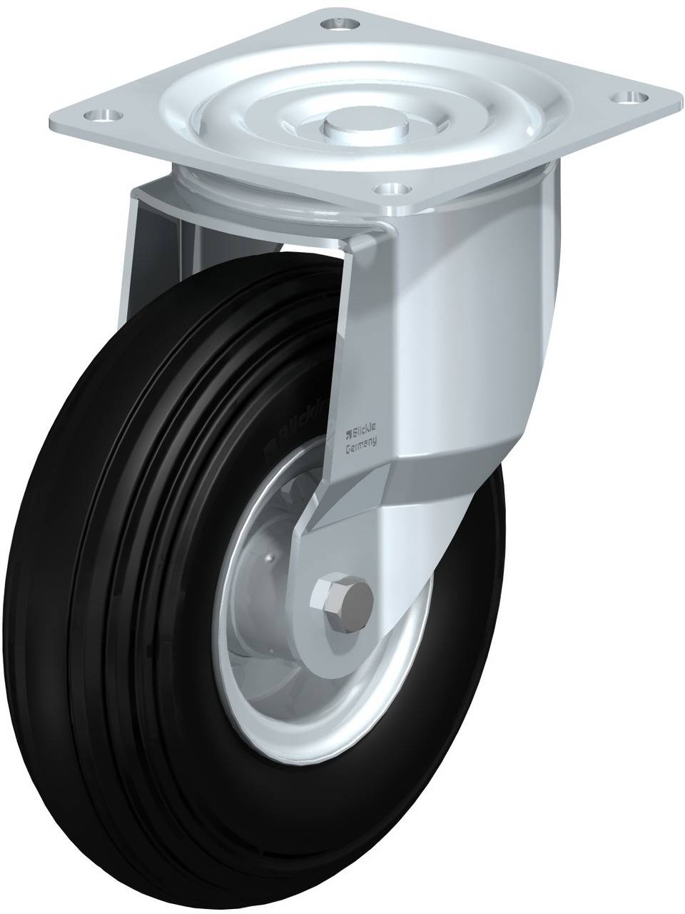 Schwenkrolle mit schwarzem Gummirad und silbernem Metallgehäuse, geeignet für schwere Lasten, zeigt obere Befestigungsplatte.