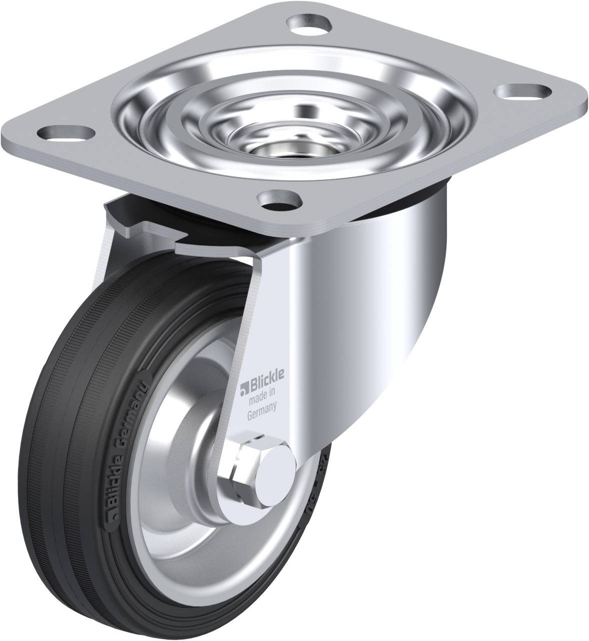 Metallrolle mit schwarzem Gummirad und Befestigungsplatte.