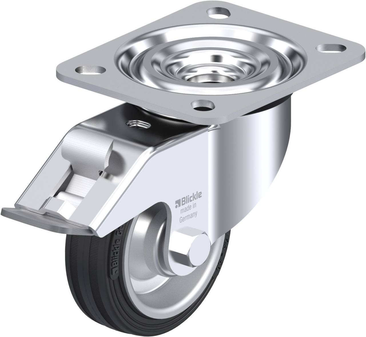 Ein glänzendes Metall-Lenkrollenrad mit Befestigungsplatte, geeignet für schwere Lasten, abgebildet von der Seite.
