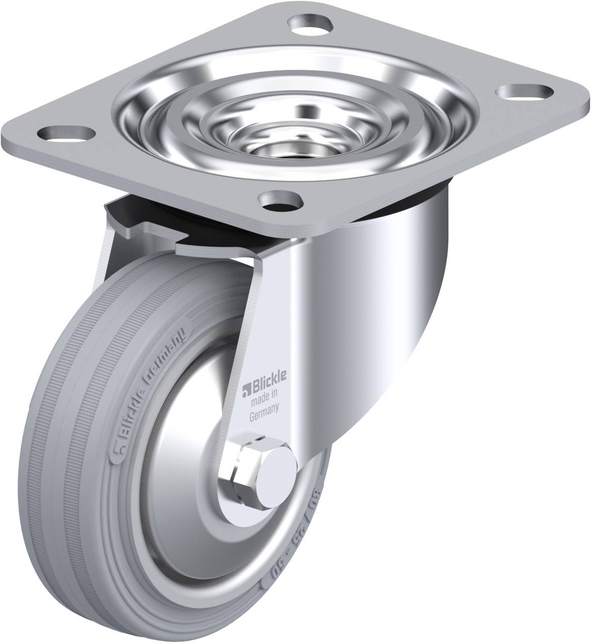 Eine graue Lenkrolle mit Befestigungsplatte aus Metall, seitlich beschriftet mit 'Blickle'.