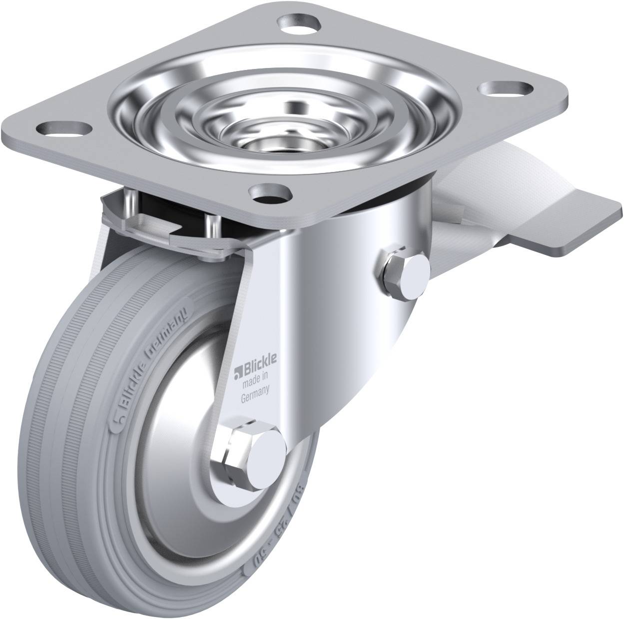 Metallisches Lenkrolle mit grauem Rad, montiert an einer rechteckigen Platte mit vier Löchern, geeignet für industrielle Anwendungen.