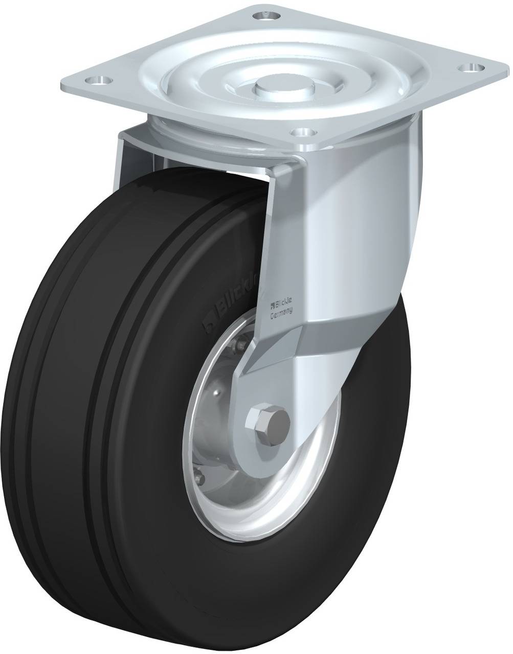 Eine schwenkbare Rolle aus Metall und schwarzem Gummi, oft verwendet an Transportgeräten für Mobilität und Unterstützung.