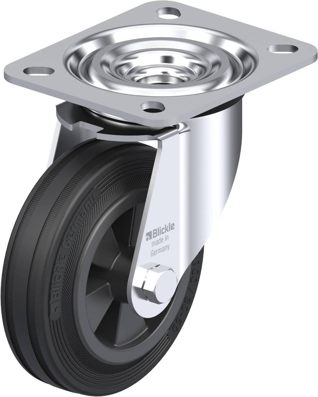 Lenkrolle aus Metall mit schwarzem Rad. Markennamen und Herkunftsbezeichnung sind auf der Seitenansicht sichtbar.