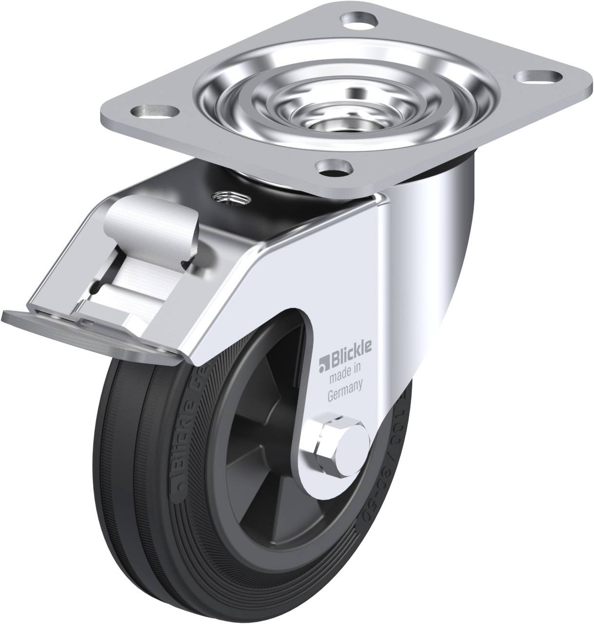 Metallrolle mit schwarzem Rad und Befestigungsplatte. Aufdruck 'Blickle made in Germany'. Geeignet für industrielle Anwendungen.