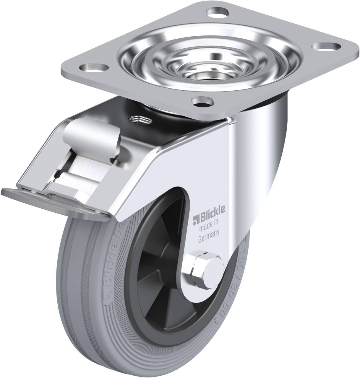 Rolle aus Metall mit grauem Rad und Befestigungsplatte, schwenkbar. Hergestellt in Deutschland, Herstellername 'Blickle'.
