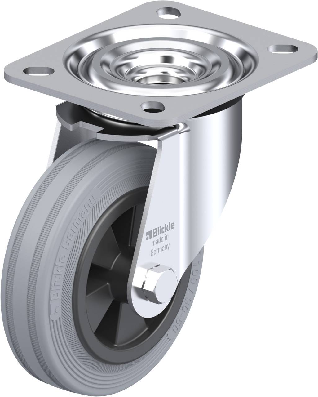 Ein Schwerlast-Lenkrolle aus Metall mit grauem Rad und Drehgelenk. Geeignet für industrielle Anwendungen und hohe Belastungen.