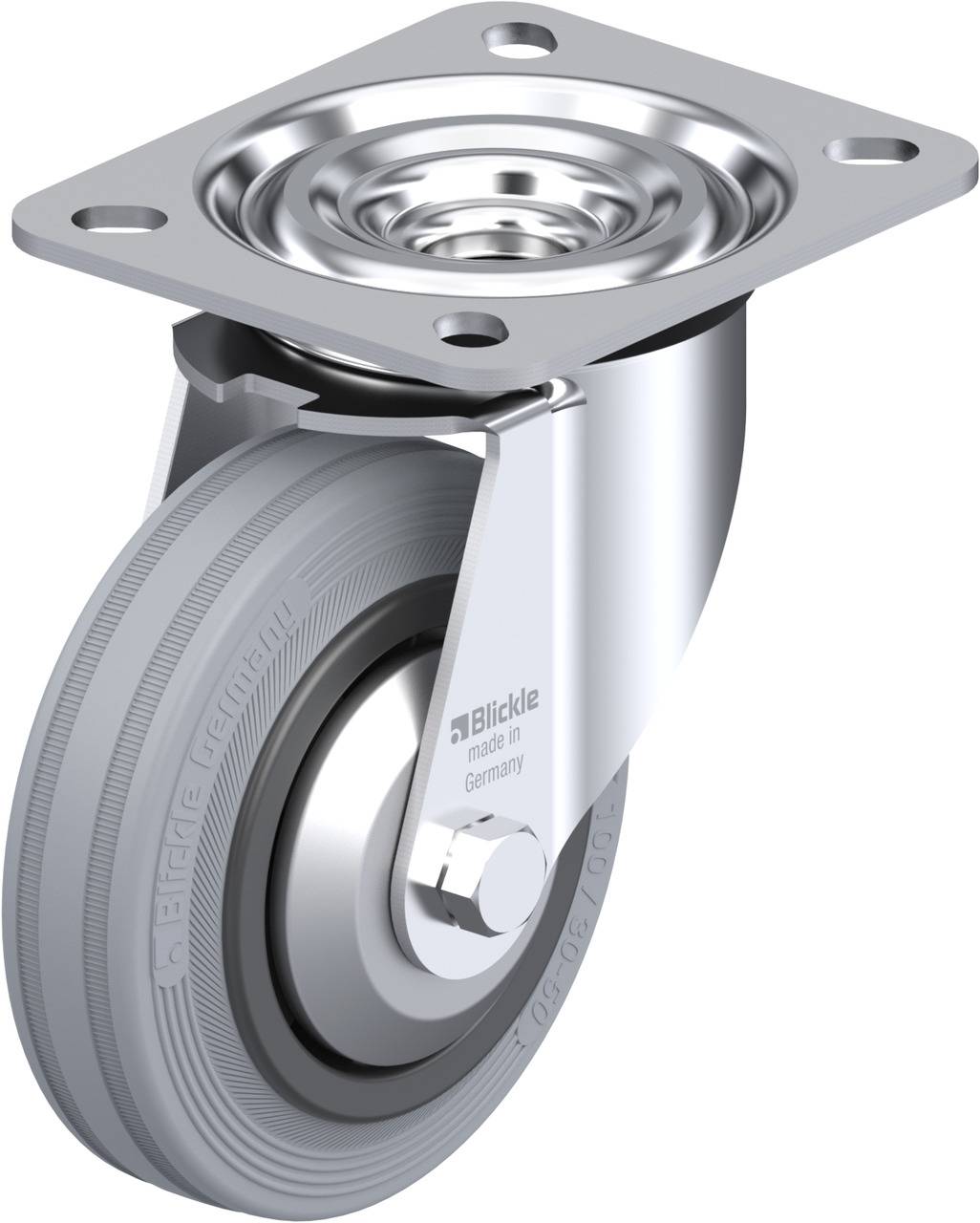 Graues Lenkrolle-Rad mit Metallgehäuse und Befestigungsplatte, Produkt von 'Blickle'. Hergestellt in Deutschland.