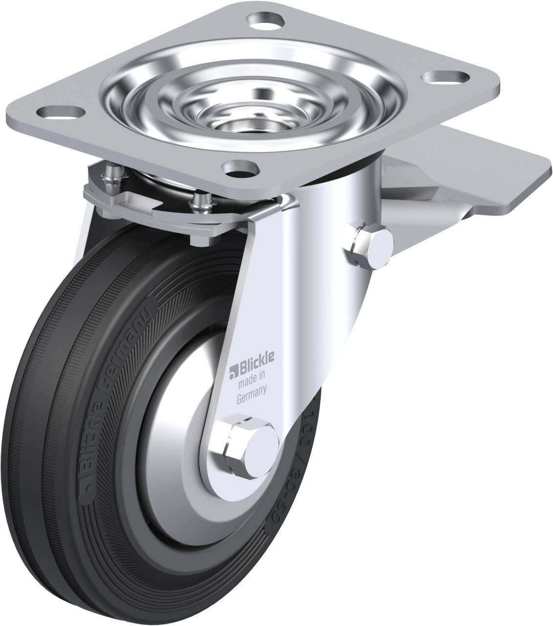 Metallisches Lenkrollenrad mit schwarzer Gummibereifung, schwenkbar, montiert auf einer rechteckigen Platte mit vier Befestigungslöchern.