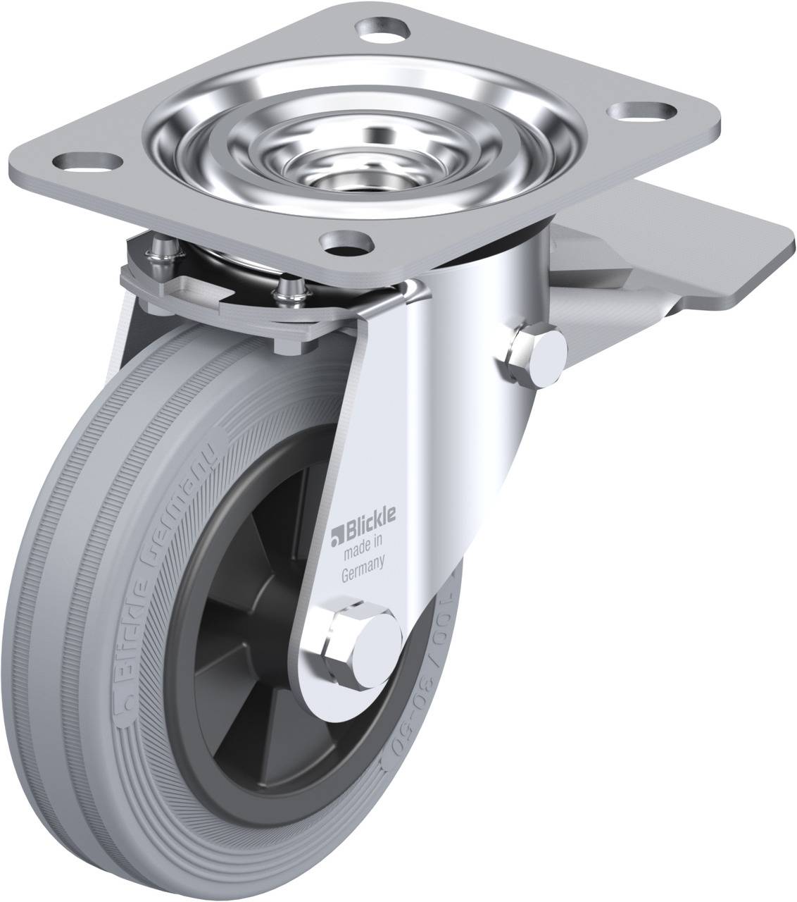 Metallisches Lenkrollensystem mit grauem Gummirad, rechteckiger Befestigungsplatte und drehbarem Kugellager.