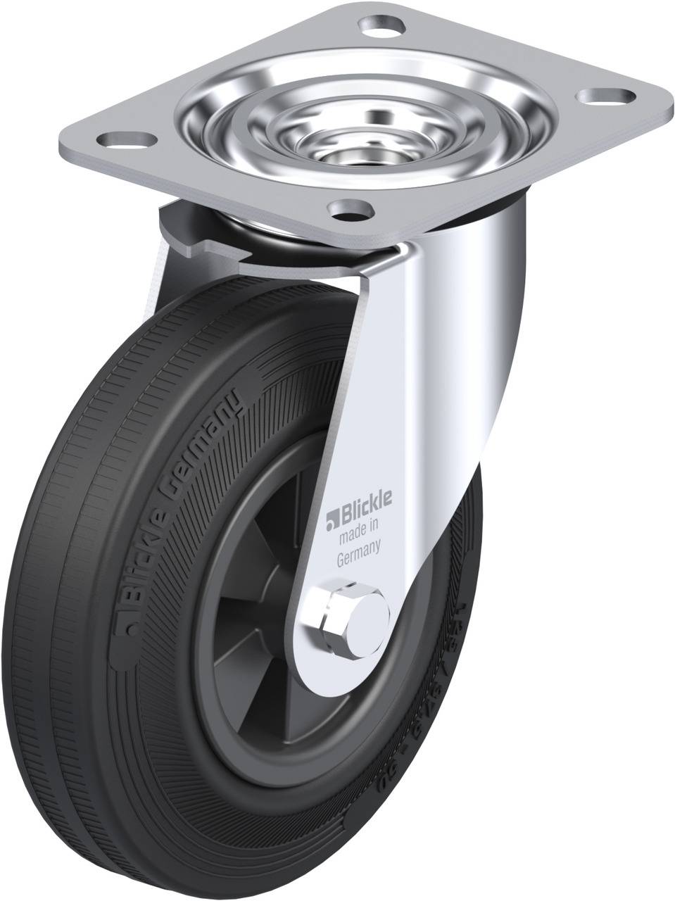 Rollenrad aus Metall und Gummi mit rechteckiger Montageplatte. Markierung 'Blickle made in Germany' an der Seite des Rads.