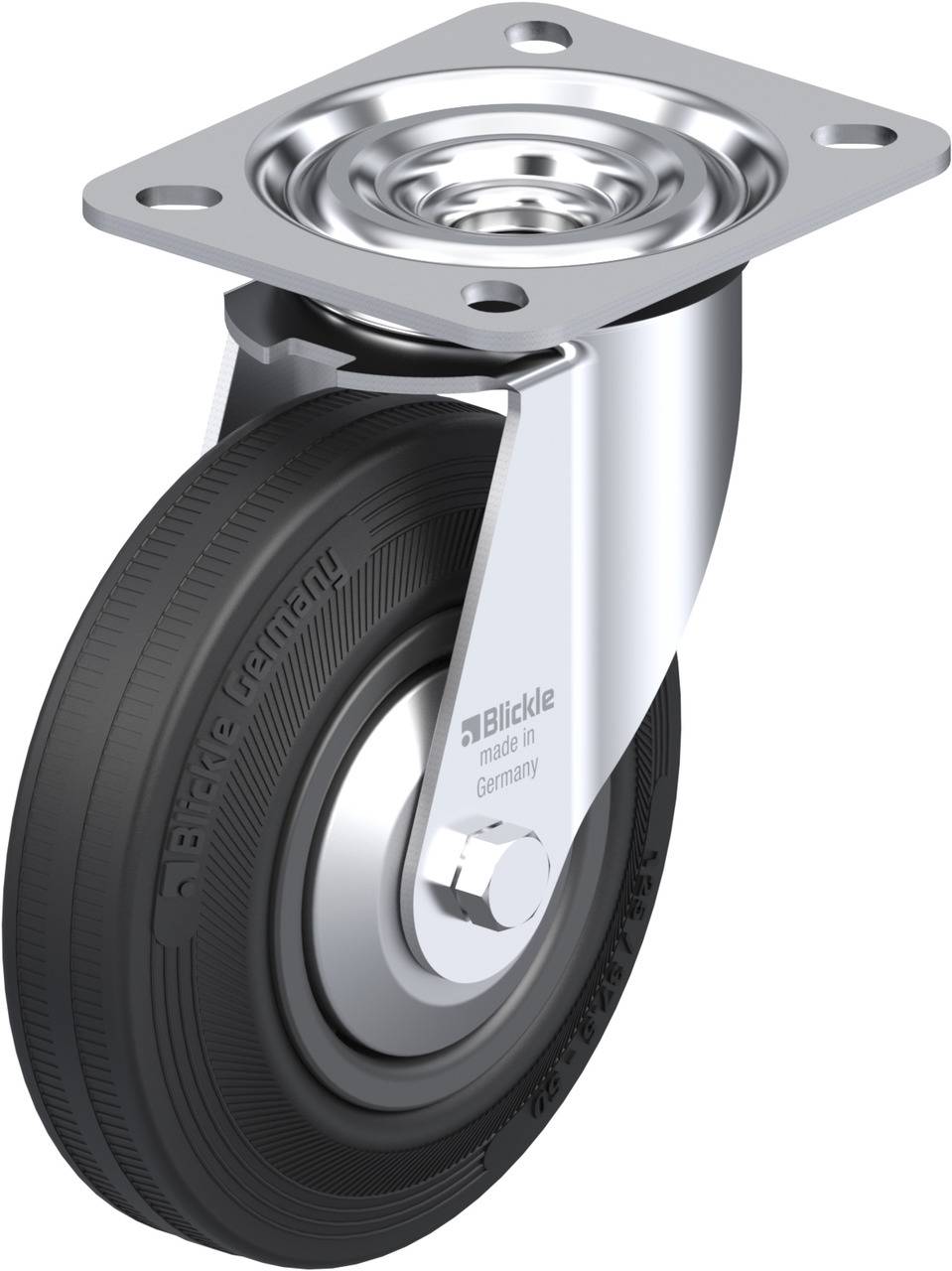 Schwenkrolle mit schwarzem Gummi, silbernem Metallgehäuse und Befestigungsplatte, geeignet für Möbel oder Transportgeräte.
