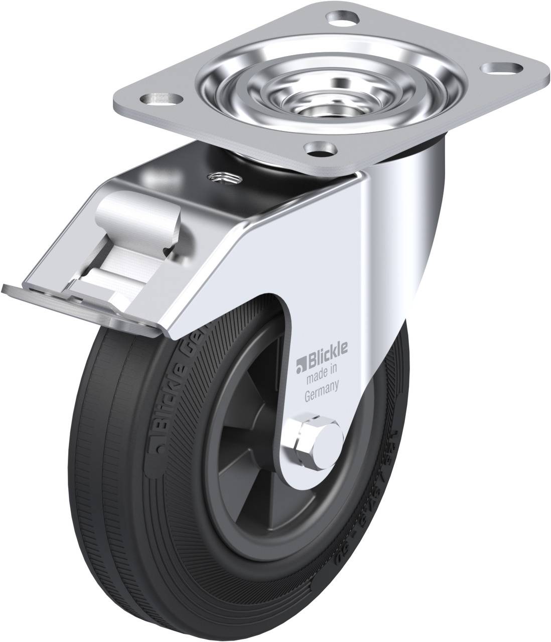 Metallrolle mit schwarzem Rad, Markenname 'Blickle' und der Aufschrift 'Made in Germany'. Geeignet für Möbel oder Industrieausrüstung.