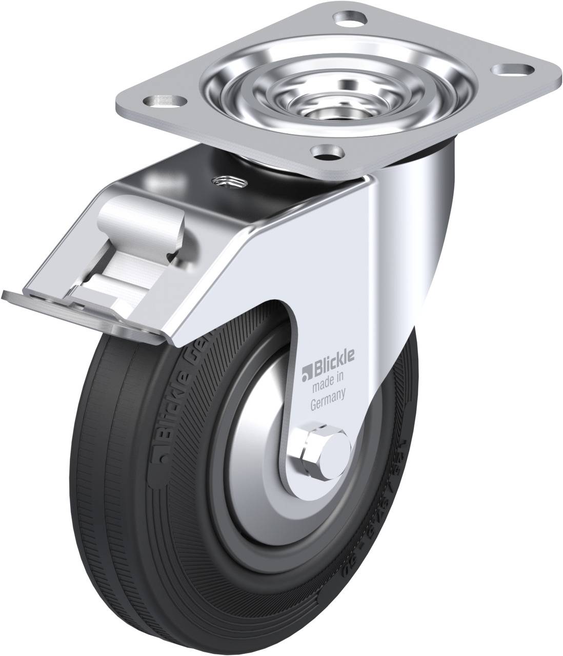 Rolle mit Befestigungsplatte aus Metall. Gummireifen mit Beschriftung 'Blickle'. Geeignet für Transport- und Möbelanwendungen.