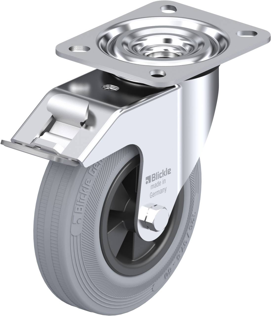 Metallrolle mit grauem Rad und Befestigungsplatte. Ideal für Möbel oder Transportgeräte, bietet Stabilität und leichtes Rollen.