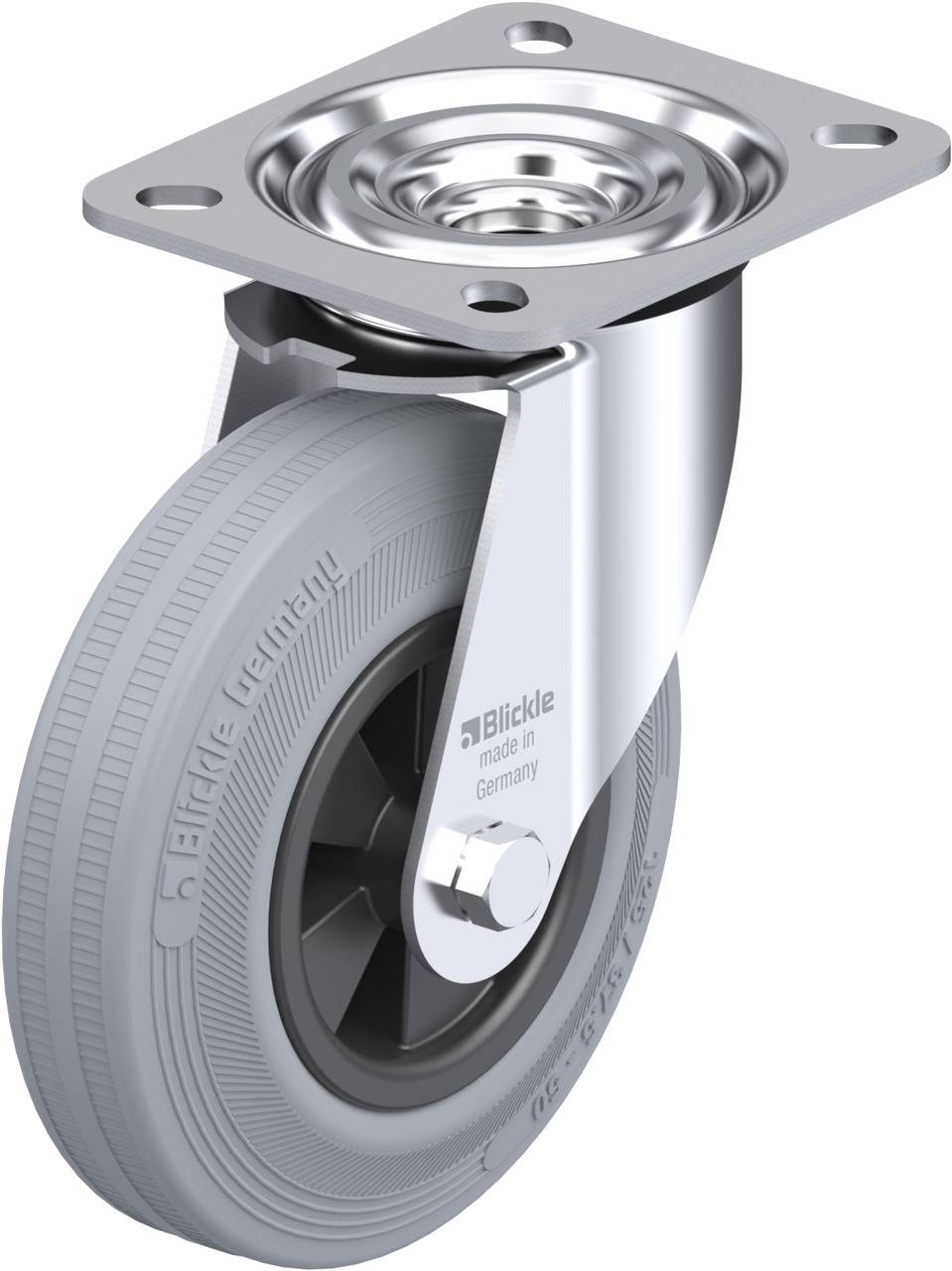 Grau-metallisches Lenkrolle mit Montageplatte, geeignet für industrielle Anwendungen. Gravur 'Blickle made in Germany' sichtbar.