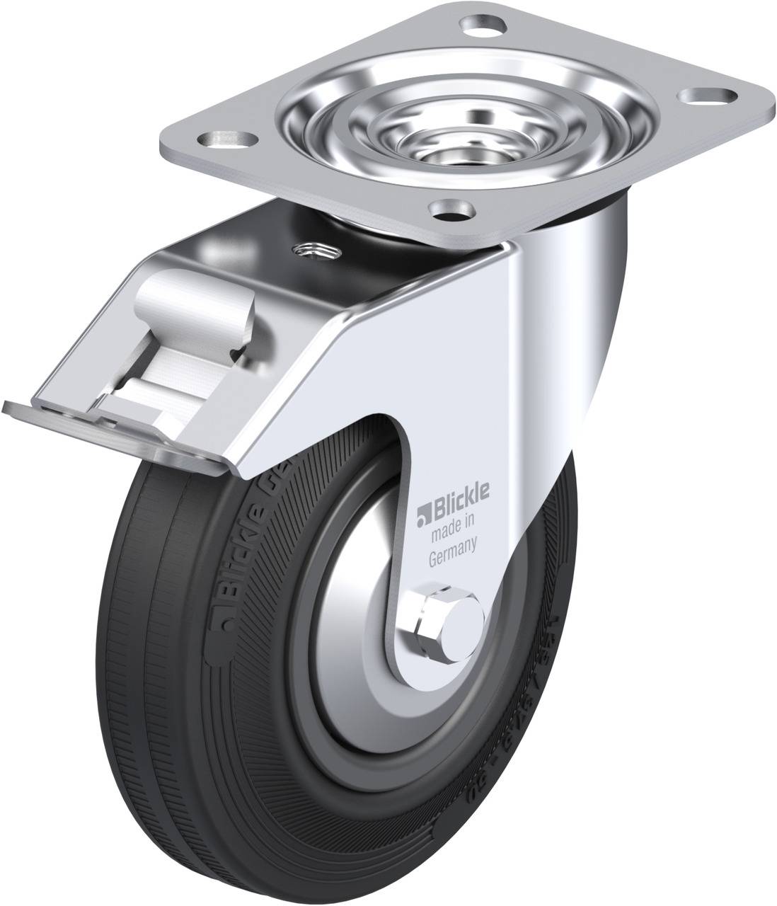 Schwerlastrolle aus Metall mit schwarzem Rad, geeignet für Möbel oder Geräte. Gehäuse glänzend, robust, für industrielle Nutzung.