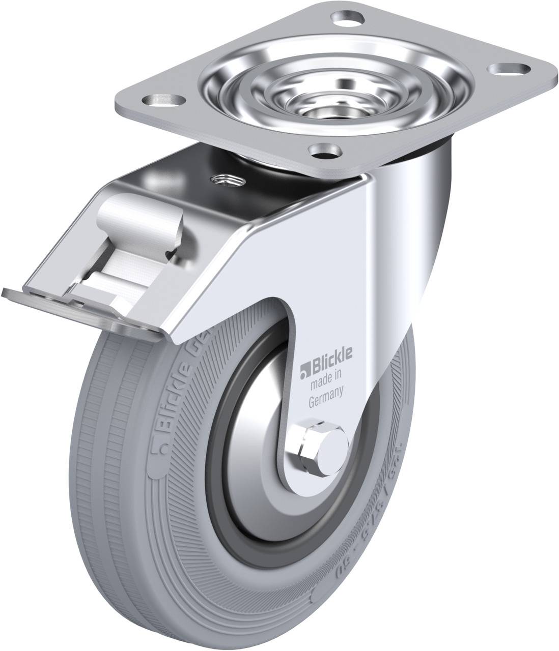 Schwenkrolle aus Metall, grau, mit Bremse und Halterung, geeignet für Möbel und Transportgeräte. Hergestellt in Deutschland.