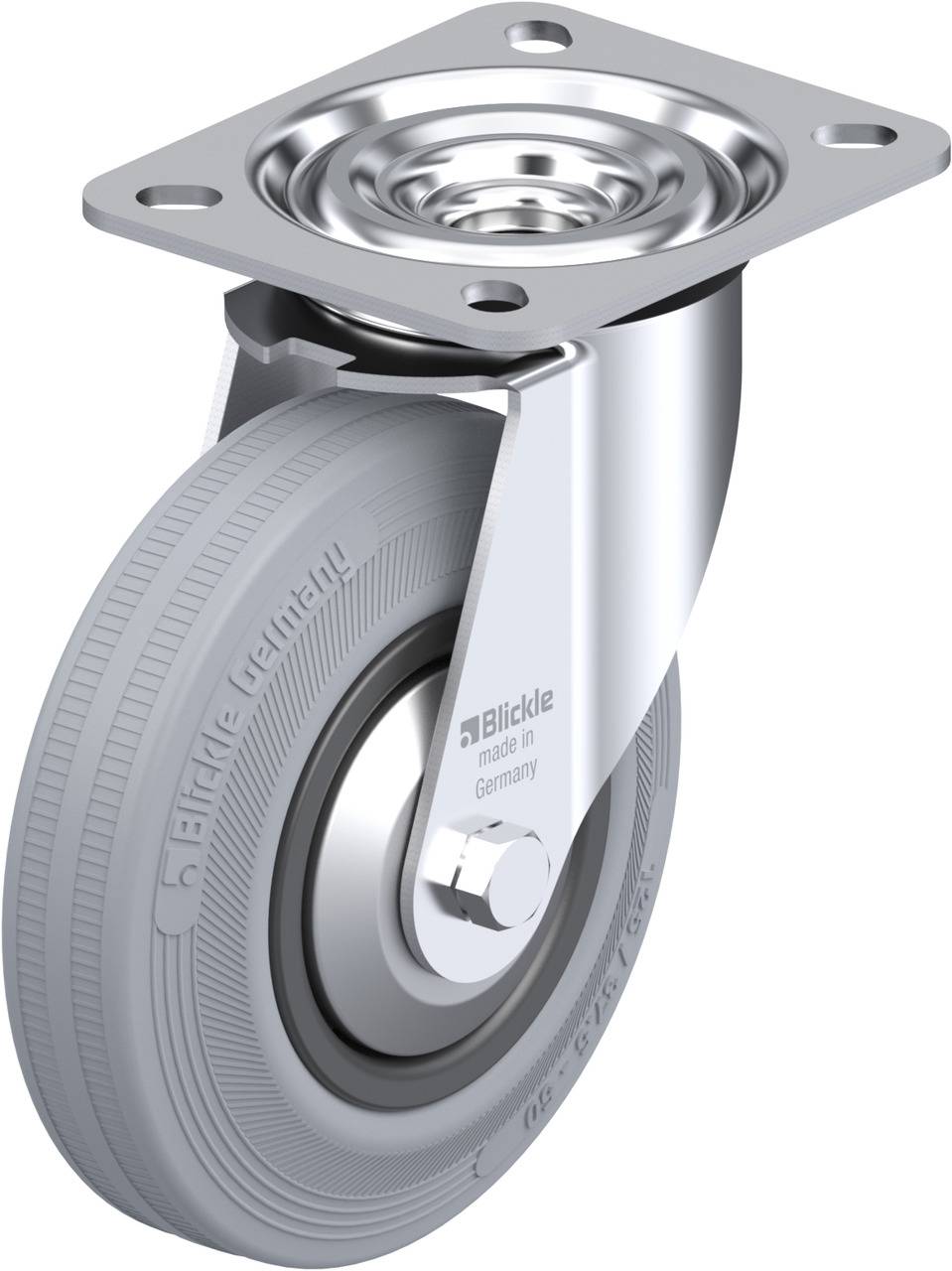 Ein industrielles Lenkrollenrad aus Metall und Gummi, für Maschinen oder Möbel, mit Aufschrift 'Blickle made in Germany'.