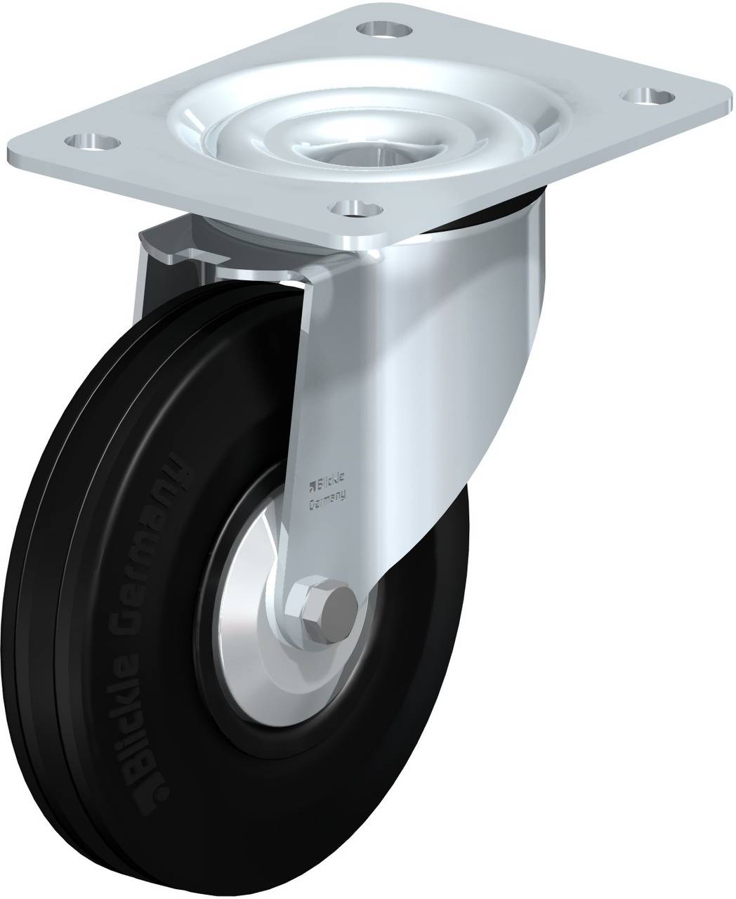 Schwenkrolle mit schwarzem Gummirad und silberner Halterung, geeignet für Möbel oder Industrie, zeigt praktische Befestigungslöcher.