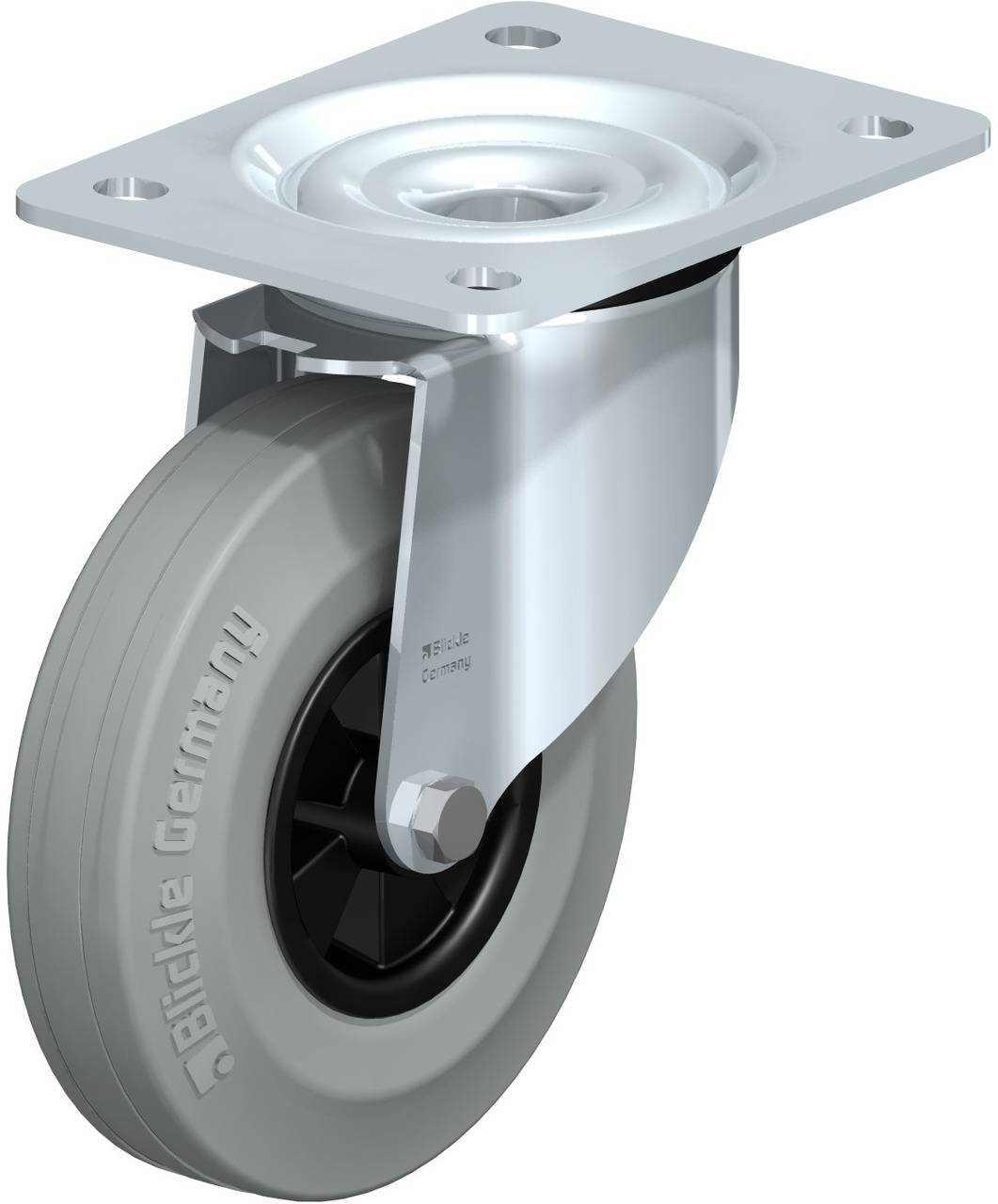 Ein drehbares graues Rad mit silberner Halterung, oft für Möbelfüße oder Transportwagen verwendet.oberer Teller aus Metall.