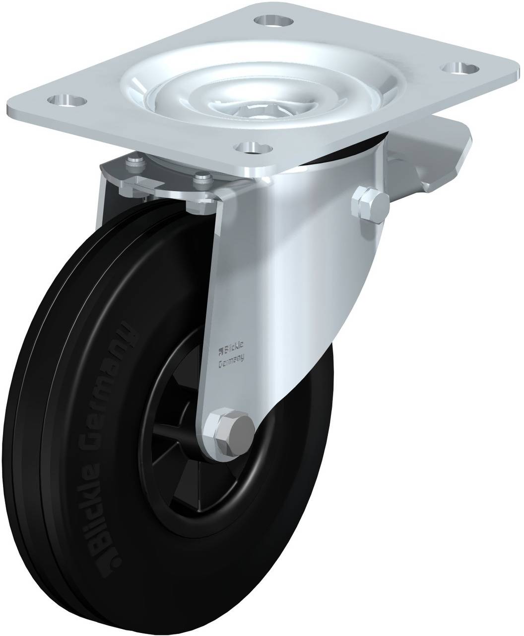 Ein drehbares Rad mit schwarzem Reifen an einer metallischen Befestigung, geeignet für den Einsatz an Möbeln oder Geräten für Mobilität.