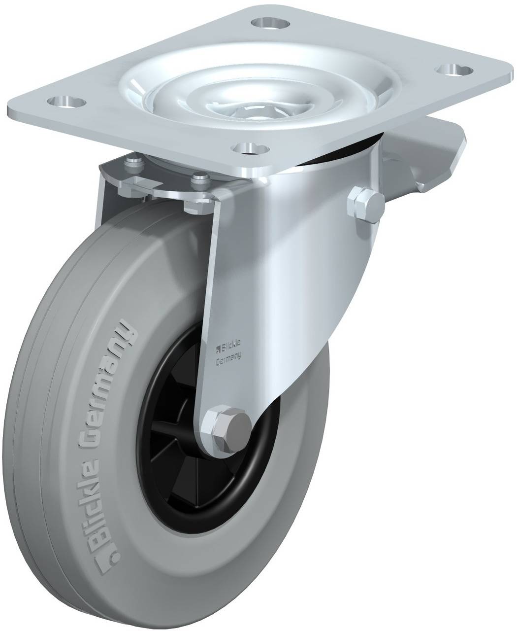 Schwenkrolle mit grauer Gummibereifung und Metallplatte, geeignet für den Einsatz an Transportgeräten oder Möbeln.