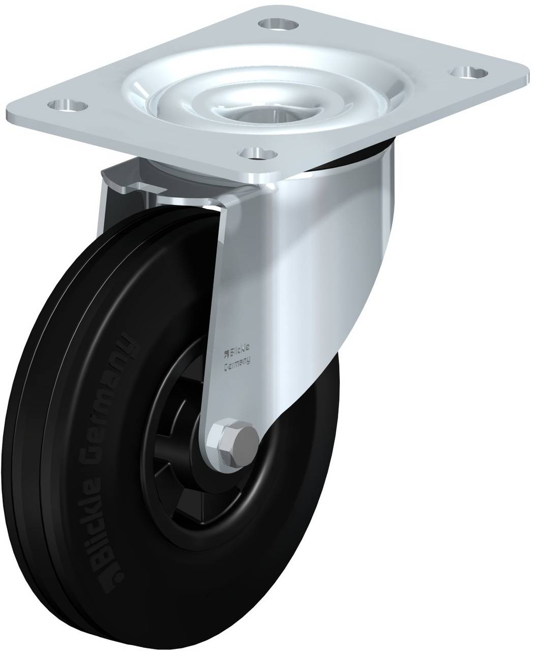 Schwenkrolle mit schwarzem Rad und Stahlhalterung, eignet sich für Möbel oder Transportmittel. Mit Befestigungsplatte oben.