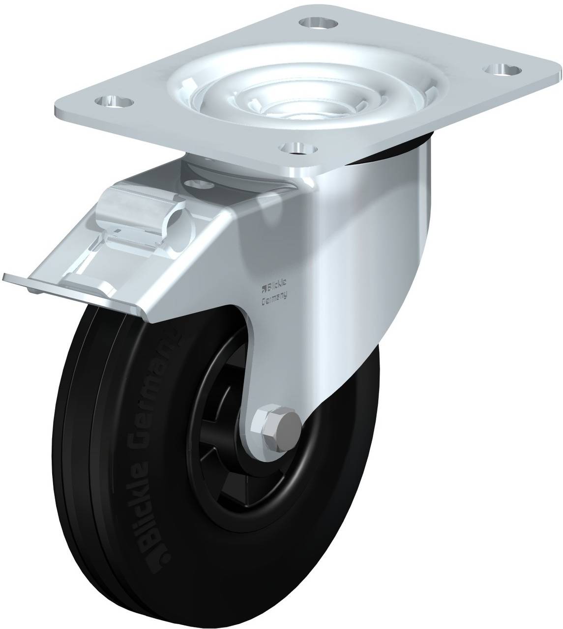 Industrie-Lenkrolle aus Metall mit schwarzem Rad, geeignet für Möbel, Maschinen und Transportgeräte.