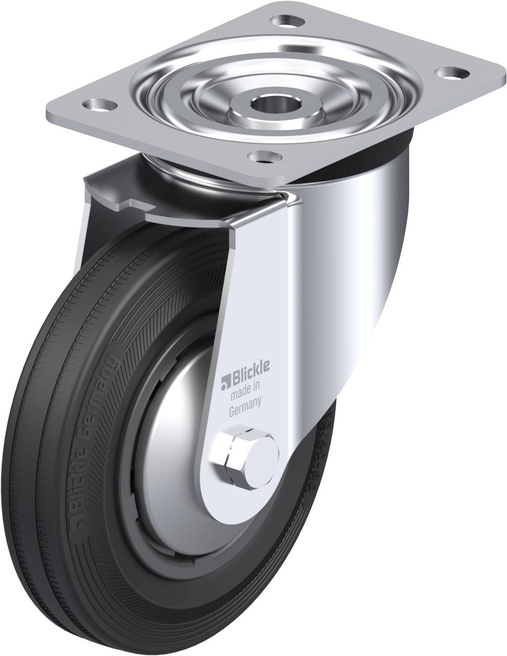 Metall-Schwenkrolle mit schwarzem Gummirad. Markenname 'Blickle' und 'made in Germany' auf Metall und Rad eingraviert.
